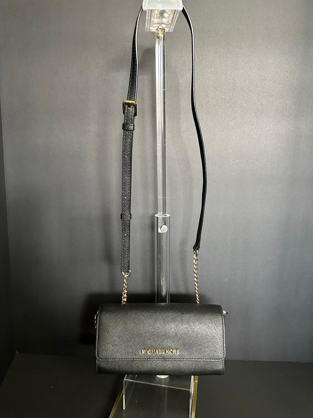 Michael Kors Black Saffiano Leather WOC Crossbody Wallet Gold Chain